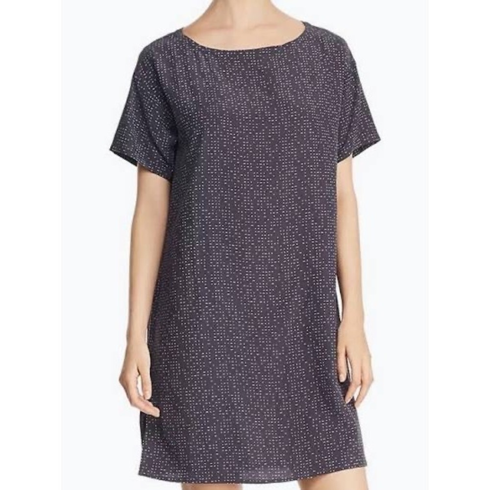 Eileen Fisher Woman Morse Code Tencel Viscose Bateau Neck Dress Graphite 1X NWT